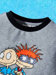 Nick 90s | SHEIN Baby Boy Cartoon Figure And Letter Print Long Sleeve Romper , Grey - Grey - View 3