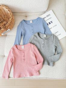 SHEIN 3pcs Baby Girl Casual Cute Versatile Solid Color Knit Elastic Long Sleeve Top Set