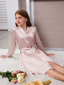 Tween Girl 3-Piece Champagne Solid Color Simple Belted Robe Pajama Set - Mommy And Me Matching Outfits (Sold Separately)