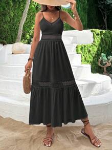 RueChic V-Neck Guipure Lace Insert Ruffle Hem Dress - Black - View 7