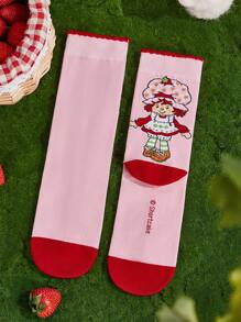 Strawberry Shortcake X SHEIN 2 Pairs Women Cartoon Character & Strawberry Pattern Mid-Calf Socks, Day
