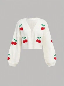 SHEIN Girlism Tween Girl White & Red Cute Cherry Fruit Embroidery Versatile Knit Cardigan Sweater,In Fall/Winter Cherry Cardigan White Cardigan - Red and White - View 1