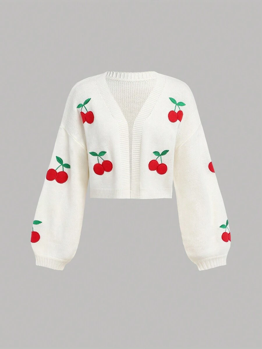 SHEIN Girlism Tween Girl White & Red Cute Cherry Fruit Embroidery Versatile Knit Cardigan Sweater,In Fall/Winter Cherry Cardigan White Cardigan - Red and White - View 1