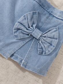 Souflis Souflis 2 件装少女甜美超大粉色蝴蝶结图案 T 恤和 2 合 1 牛仔短裙套装 - 白色 - 查看 3