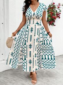 SHEIN Clasi Plus Size V-Neck Short Sleeve All-Over Print Button-Up Split Hem Dress - Multicolor - View 5
