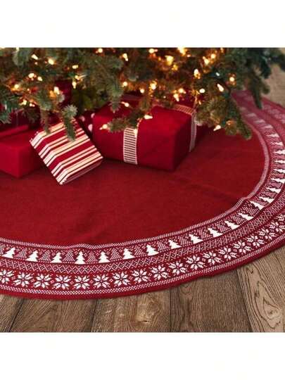 1pc 36/48 Inch Jacquard Knitted Christmas Tree Skirt, Snowflake Pattern, Thickened, Red/White, Suitable For Halloween, Christmas Party Decoration, Accessories, Rug, Winter Holiday Tree Mat, Can Be Used As A Shawl Best Gifts Birthday Home Decor Christmas Decorations Room Decor