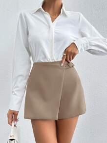 EURMUSE Black Skirt Short With Belt Detail - Mocha Brown - View 3