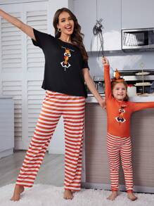 SHEIN Conjunto de pijama con camiseta con gráfico de pavo y pantalones a rayas para niña joven, para Acción de Gracias, otoño/invierno, para fiesta de Halloween - Naranja - Ver 1
