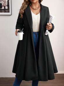 Flirla Manteau long élégant de couleur unie à manches longues pour l'automne et l'hiver, grande taille - Noir - Voir 5
