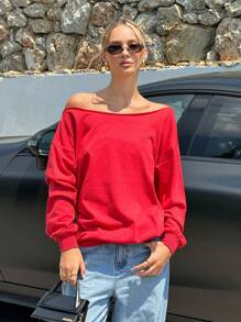 Muchica 女士秋季露肩红色超大码运动衫、长袖上衣 - 紅色 - 查看 1