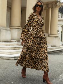 SHEIN Privé Cổ Chữ V Thanh Lịch Cinched Eo Slim Fit Vintage Họa Tiết Da Báo Ruffle Viền Tay Dài - Nhiều màu - Xem 4