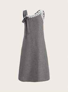 SHEIN LUNE 鉤花蕾絲拼接系帶前短後長斜口袋頸側裙 - 灰色 - 查看 1