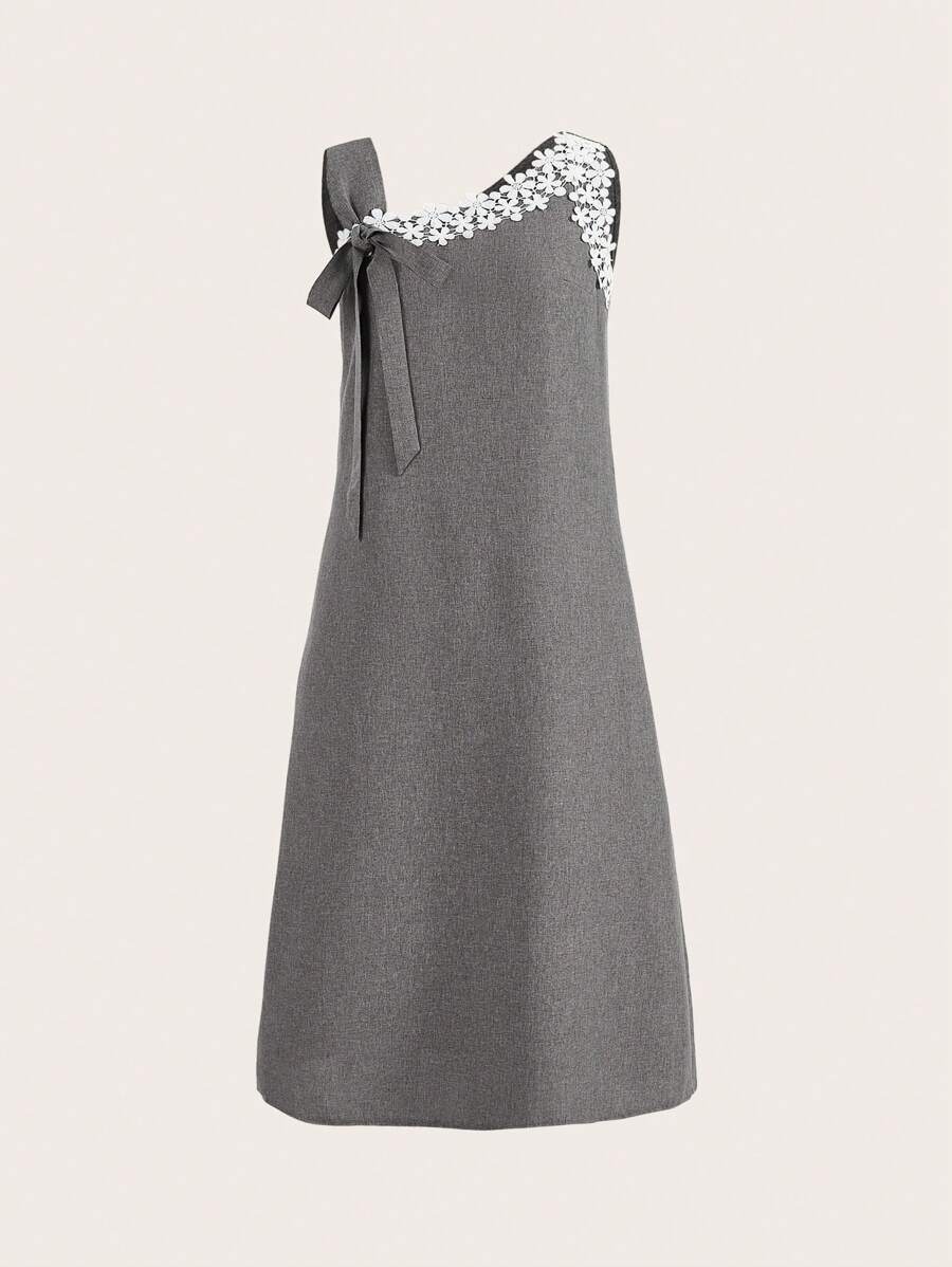 SHEIN LUNE 鉤花蕾絲拼接系帶前短後長斜口袋頸側裙 - 灰色 - 查看 1