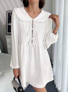 Chiquease 蝴蝶结腰灯笼袖甜美女士连衣裙 - 白色 - 查看 1