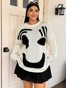 Flirla Plus Size Relaxed Fit Colorblock Smiling Face Knit Sweater