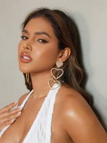 SHEIN SXY Trang trí kim cương giả Thiết kế hình trái tim Bông tai thời trang đeo hàng ngày - Vàng - Xem 6