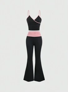 Sweetra Conjunto casual de 3 piezas con top corto de manga larga cuello redondo con ribete a color, camiseta interior y pantalón ancho de pierna plisada