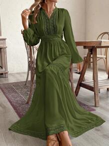 SHEIN VCAY Vestido elegante de manga farol con cuello entallado con encaje y diseño en unicolor para mujer de talla grande