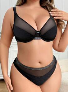 2pcs Black Dot Patterned Underwear Set With Thin Padding And Underwire - Black - View 4
