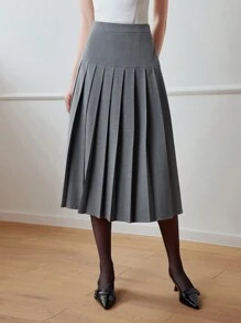 MOTF STUDIO SOLID ELASTIC WAIST PLEATED SKIRT - Grey - View 9