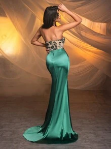 Glamrae Elegant, Gorgeous, Champagne Color Contrasting Dark Green Sexy Bodycon Luxurious Sequins Floral Design, Stretch Glossy Satin Fabric, Herringbone Stitching Details, High Slit Fishtail Floor-Length Style Suitable For Wedding Events, Bachelorette Parties, Graduation Prom Informal Dinner Dresses (Heavy Industrial Style) Party Dress Wedding Guest Dress Evening Dress,Gown