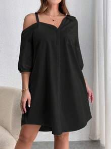 SHEIN Essnce Plus Size Women's Summer Solid Color Asymmetric Collar Single Breasted Casual Loose Dress - Black - View 3