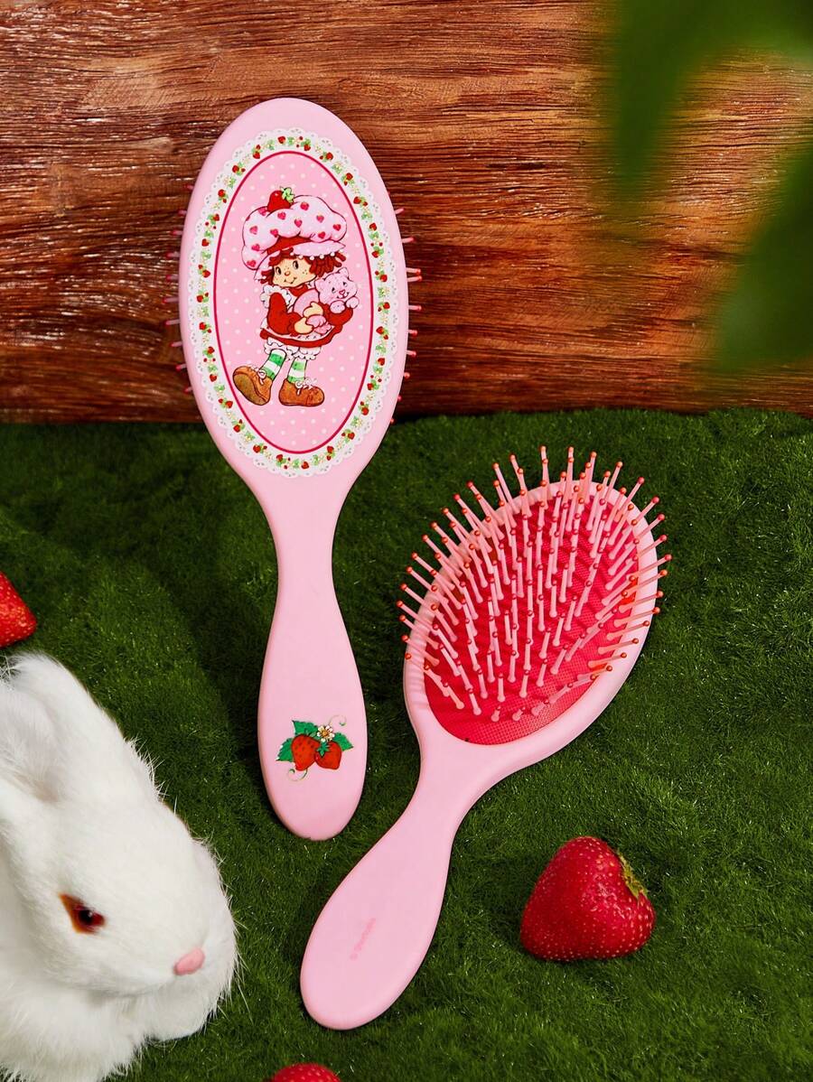 Strawberry Shortcake X SHEIN Cartoon Character & Strawberry Print Pink Hand Fan Hair Brush
