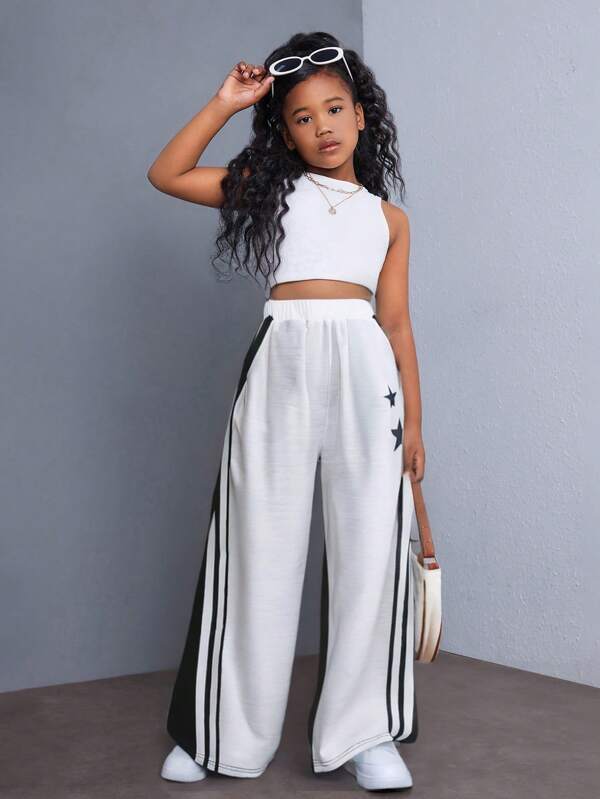 SHEIN Tween Girls' Casual Black & White Patchwork Star Print Drawstring Wide Leg Sweatpants