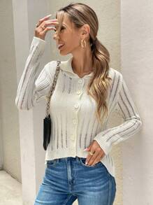 SHEIN LUNE Women's Spring And Autumn Solid Color Slim Thin Hollow Sweater Lapel Cardigan