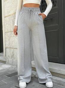SHEIN Tall Cotton Tall Drawstring Waist Wide Leg Pants - Grey - View 6