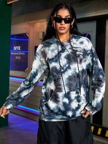 Streetz SHEIN Sport Women's Tie Dye Sweatshirt, Loose Streetwear Casual Long Sleeve Hooded - Black - View 6