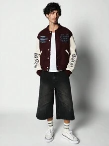 SUMWON Premium Two Tone Varsity Letterman Jacket With Embroidered Logo Patches College Style Baseball Student Athlete Autumn Winter Outerwear - Burgundy - View 4