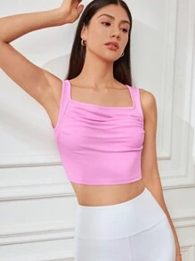 Easithlete Solid Color Square Neck Racerback Sports T-Shirt & Tank Top, Casual Daily Wear - Pink - View 3