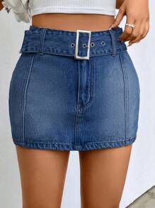 SHEIN EZwear 女士休闲简约牛仔迷你裙，适合日常穿着，夏季 - 中等水洗藍 - 查看 3