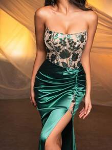 Glamrae Elegant, Gorgeous, Champagne Color Contrasting Dark Green Sexy Bodycon Luxurious Sequins Floral Design, Stretch Glossy Satin Fabric, Herringbone Stitching Details, High Slit Fishtail Floor-Length Style Suitable For Wedding Events, Bachelorette Parties, Graduation Prom Informal Dinner Dresses (Heavy Industrial Style) Party Dress Wedding Guest Dress Evening Dress,Gown