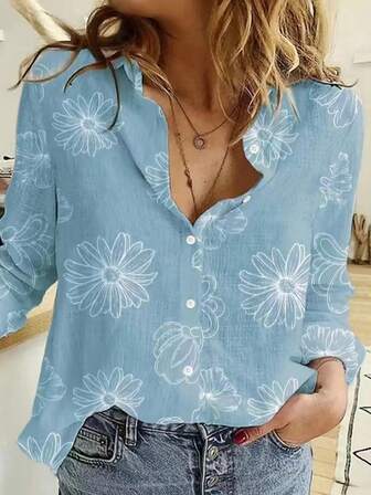 2025 Spring/Autumn New European & American Style Button-Up Long Sleeve Printed Casual Shirt For Women