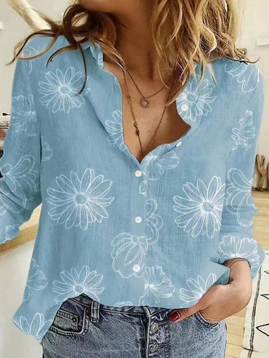 Camisa casual de manga larga con botones y estampados, estilo europeo y americano, nueva para primavera/otoño 2025 para mujeres - Azul - Ver 1