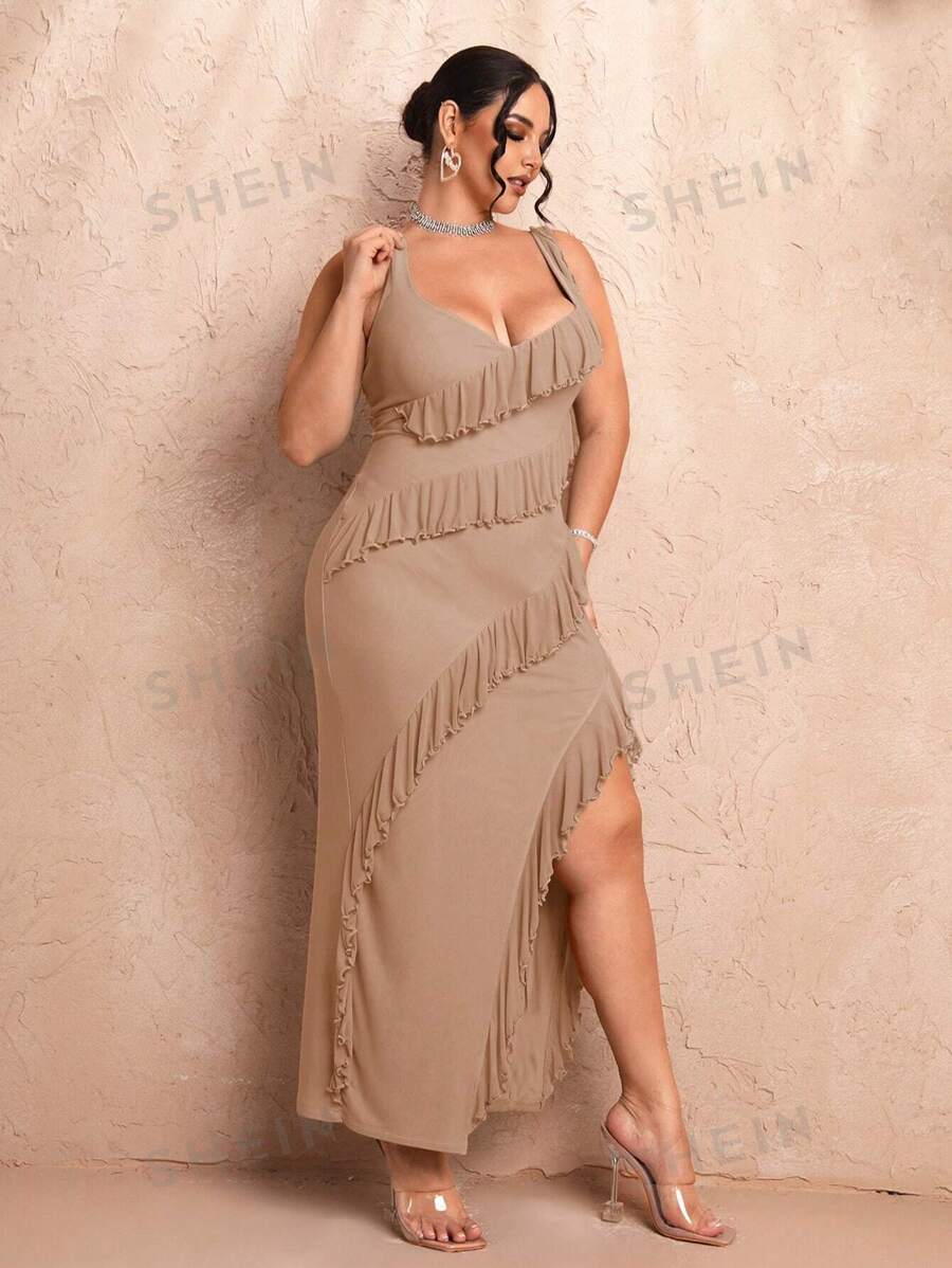 SHEIN BAE Robe longue élégante tendance mode à volants avec fente pour femmes de grandes tailles