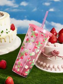 Strawberry Shortcake X SHEIN 650 Ml Cartoon Figure & Strawberry Pattern Transparent Double Layer Cup With Straw,Gift Ideas - Red - View 6