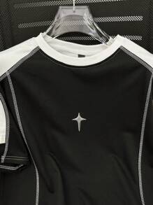 Claim Dot 男士夏季休闲撞色拼接外缝T恤 - 黑色 - 查看 5