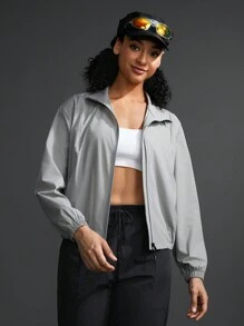 SHEIN Sports Women's Solid Color Minimalist Everyday Stand Collar Long Sleeve Jacket - Grey - View 5