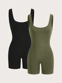 SHEIN SXY 2 gói Bộ áo liền quần không tay màu trơn thường ngày mùa hè dành cho nữ - màu xanh lá - Xem 3