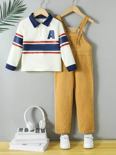 SHEIN 2pcs Set Young Boys' Everyday Casual Long Sleeve Striped Polo Shirt And Embroidered Polo Collar Sweatshirt With Denim Bib Overalls, Suitable For Autumn/Winter, Versatile Outfit For Halloween, Christmas, Thanksgiving Celebrations, Formal Wear And Performing