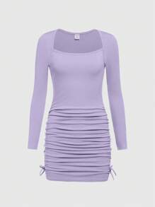 SHEIN Teenager Mädchen Kleid mit gerippter Struktur, Raffung an der Taille, Langarm, sportlich-lässiger Stil, Unifarben