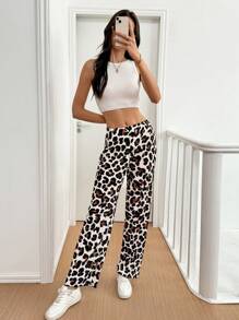 Chiquease Casual Leopard Print Pleated Straight Leg Pants