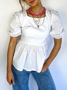 SHEIN MOD Women's Solid Color Back Tie Pleated Short Sleeve Simple Top Daily Casual - White - View 3