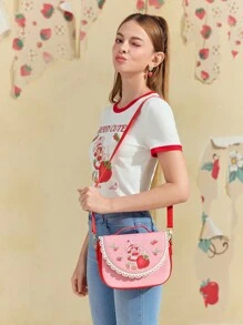 Strawberry Shortcake X SHEIN Cartoon Character & Strawberry Pattern Contrast Laser Cut Scallop Edge Pink Shoulder Bag, & Cute Strawberry Purse,Gift Ideas, Summer / Spring - Pink - View 4