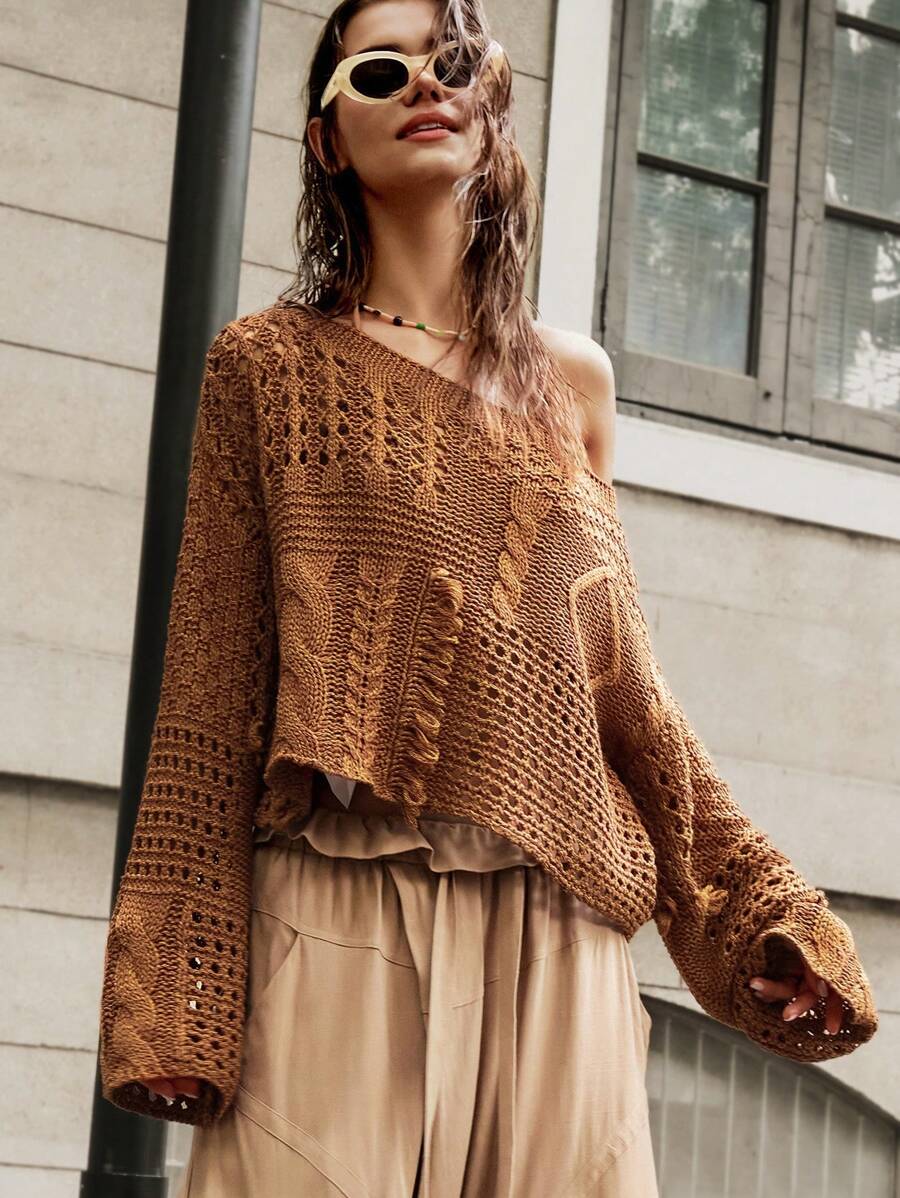 Bohemela 宽松款船领女式度假毛衣 - 棕色 - 查看 1