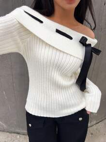 SHEIN Unity Bowknot Off Shoulder Pullover Sweater, Knit Pullover Fall Winter - Beige - View 7