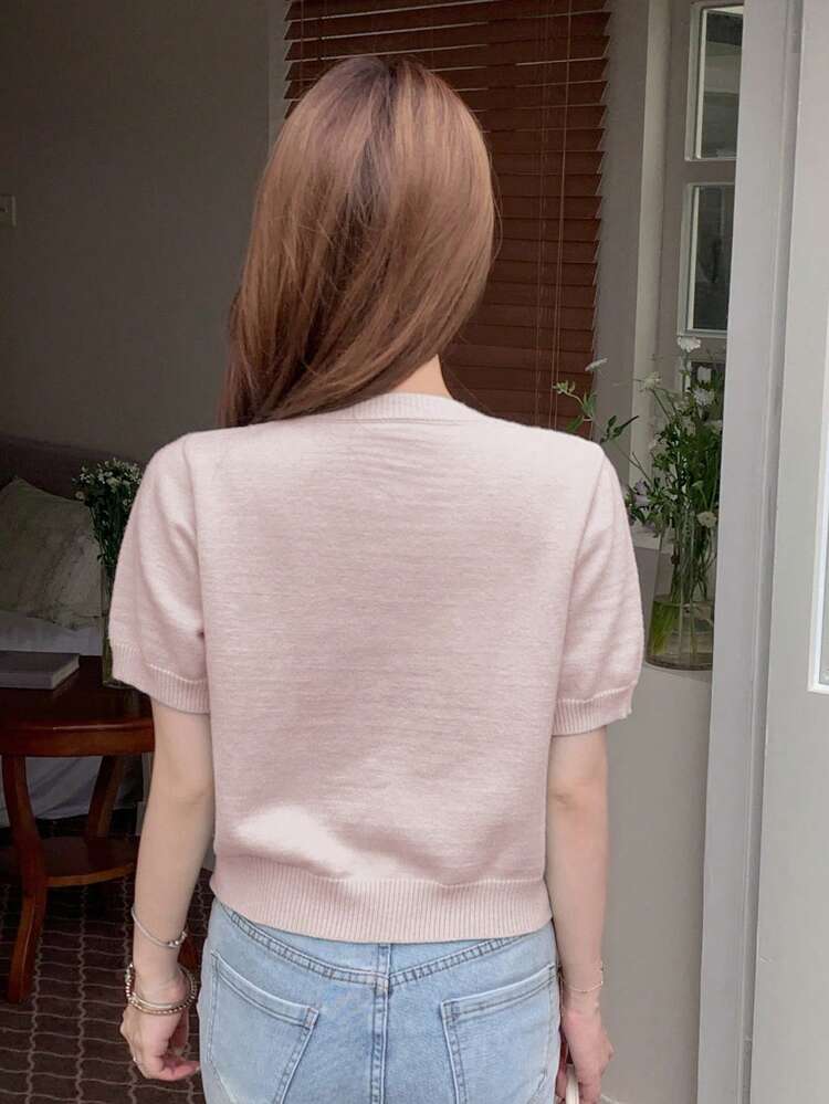 Solid Color Short Sleeve Round Neck Bow Women Cardigan,Fall Clothes,Back To School Clothes